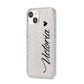 Personalised Black Script Name Heart Clear iPhone 14 Glitter Tough Case Starlight Angled Image