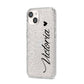 Personalised Black Script Name Heart Clear iPhone 14 Glitter Tough Case Starlight Angled Image