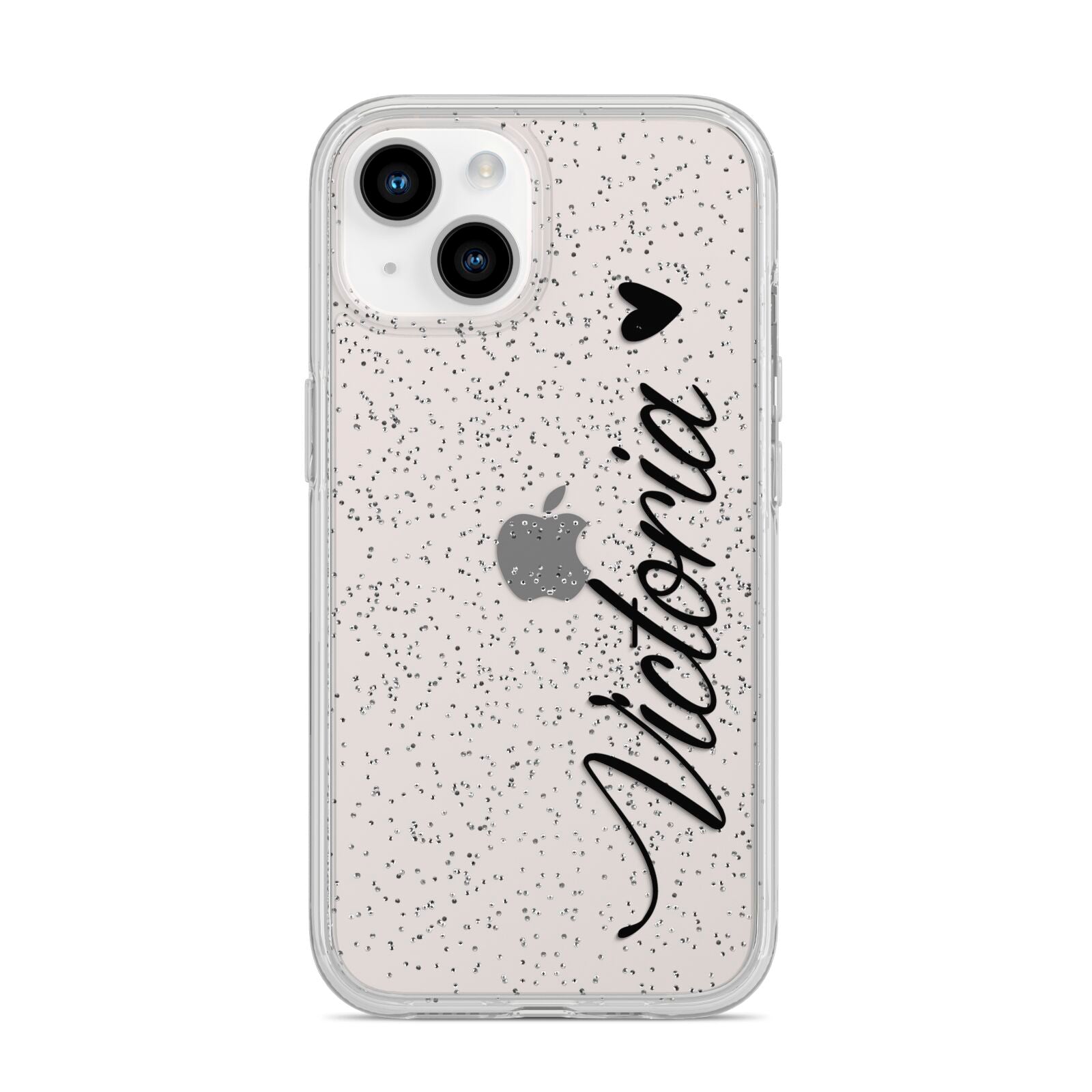 Personalised Black Script Name Heart Clear iPhone 14 Glitter Tough Case Starlight