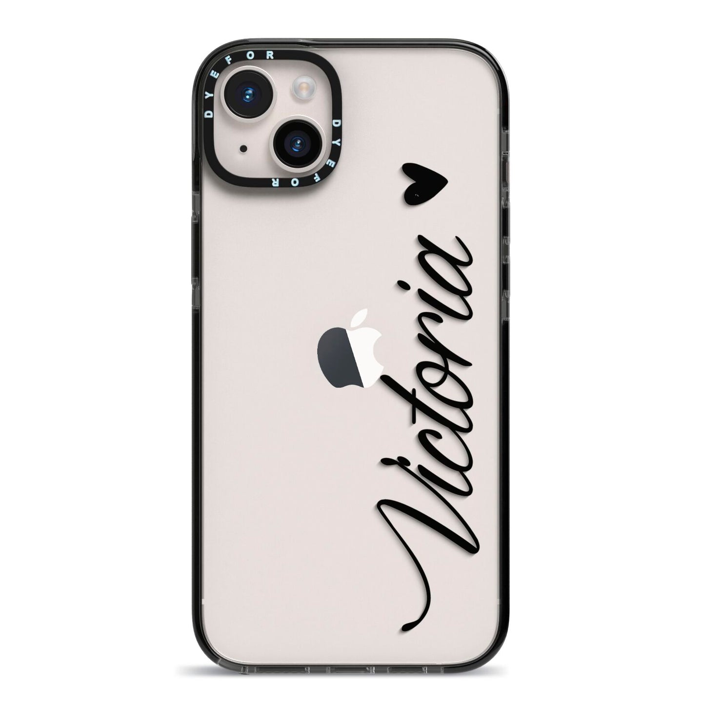 Personalised Black Script Name Heart Clear iPhone 14 Plus Black Impact Case on Silver phone