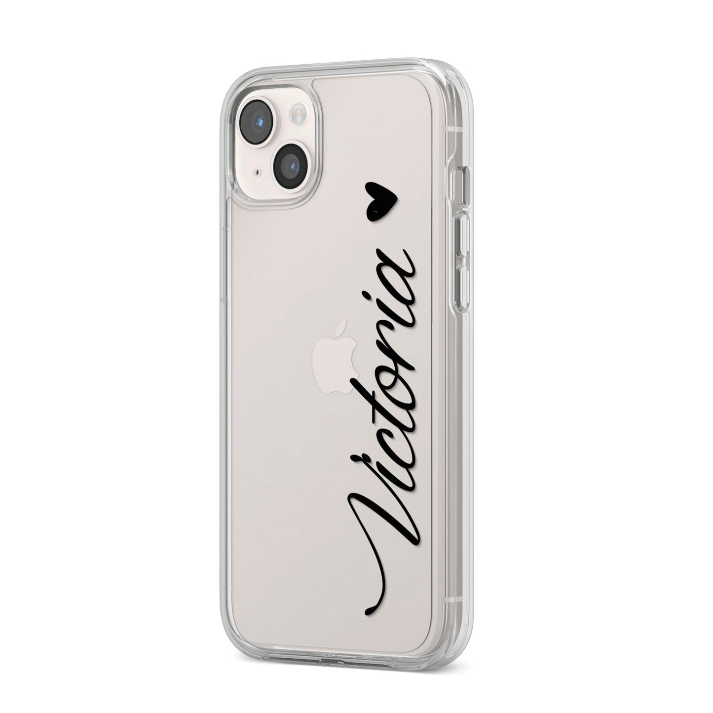Personalised Black Script Name Heart Clear iPhone 14 Plus Clear Tough Case Starlight Angled Image