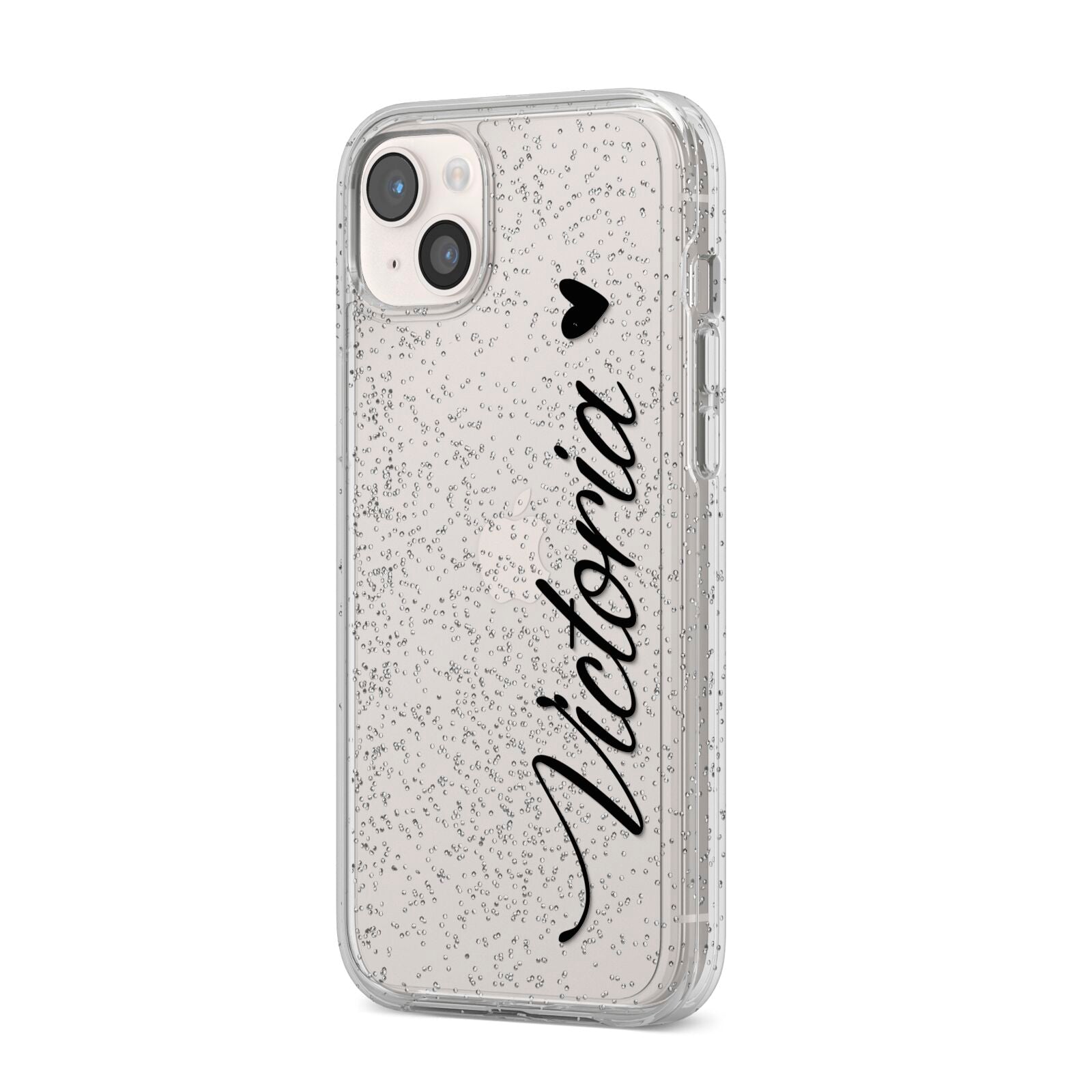Personalised Black Script Name Heart Clear iPhone 14 Plus Glitter Tough Case Starlight Angled Image