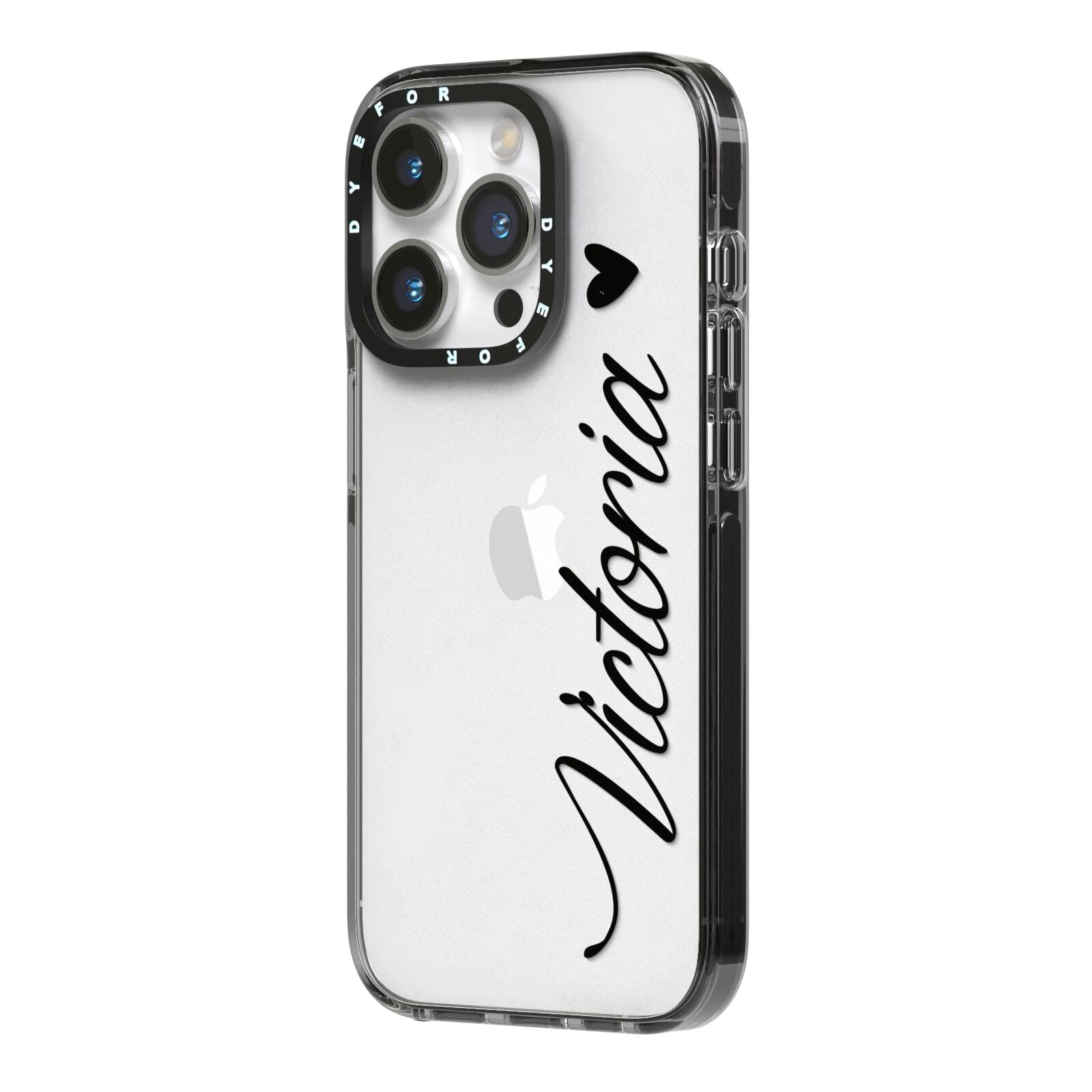Personalised Black Script Name Heart Clear iPhone 14 Pro Black Impact Case Side Angle on Silver phone