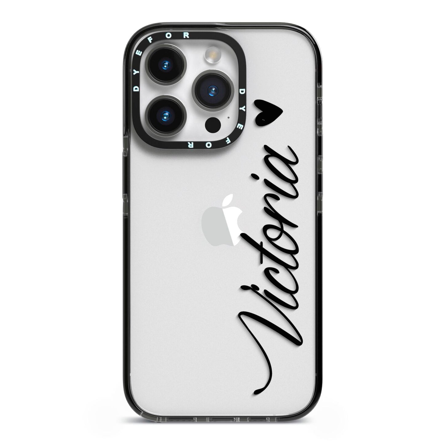 Personalised Black Script Name Heart Clear iPhone 14 Pro Black Impact Case on Silver phone