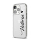 Personalised Black Script Name Heart Clear iPhone 14 Pro Clear Tough Case Silver Angled Image