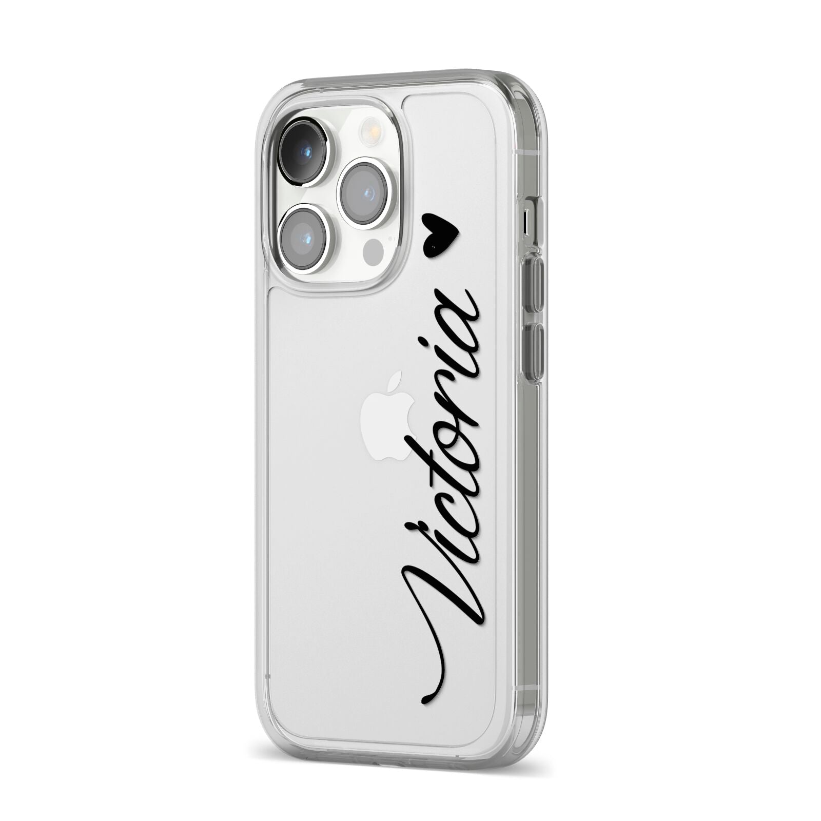 Personalised Black Script Name Heart Clear iPhone 14 Pro Clear Tough Case Silver Angled Image