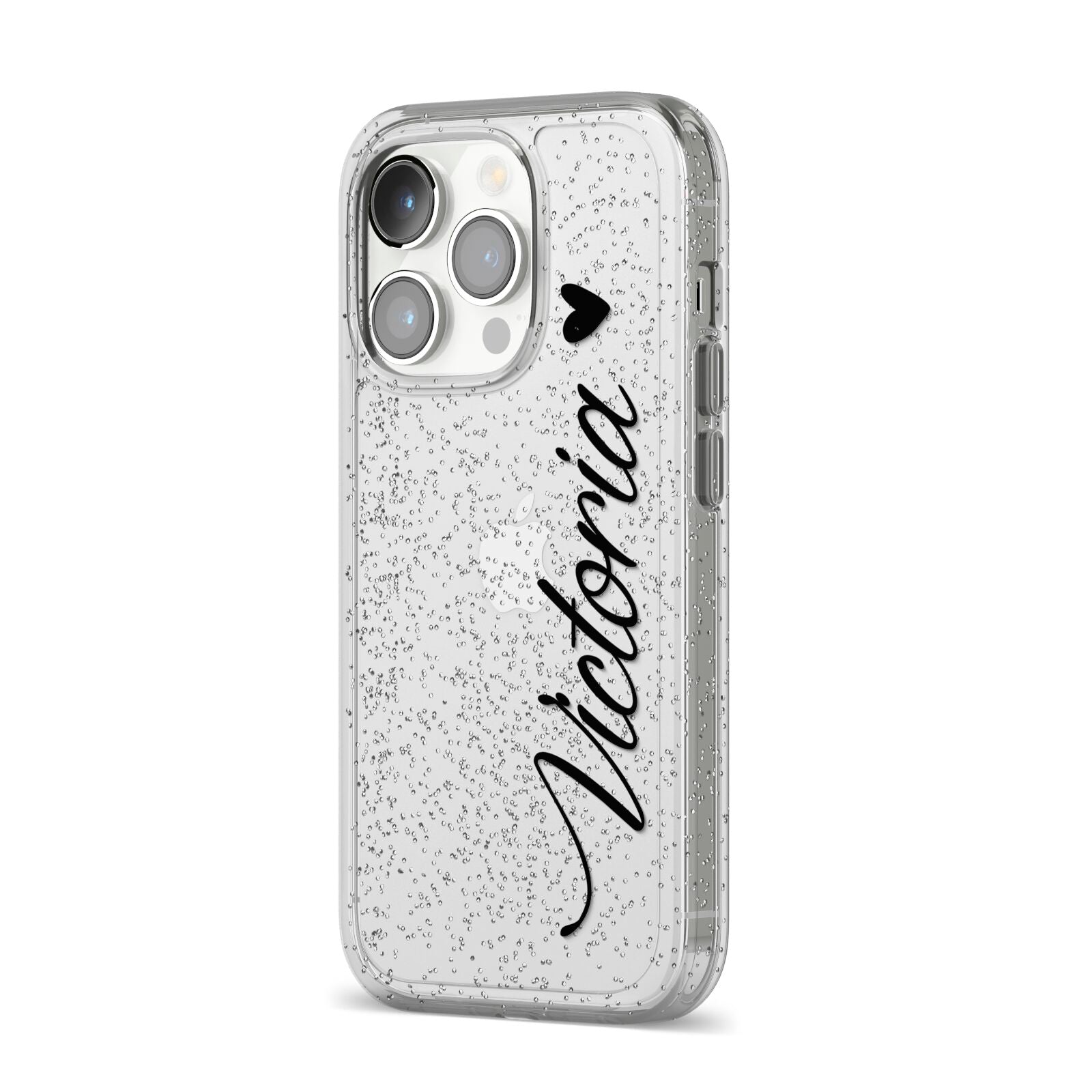 Personalised Black Script Name Heart Clear iPhone 14 Pro Glitter Tough Case Silver Angled Image