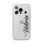 Personalised Black Script Name Heart Clear iPhone 14 Pro Glitter Tough Case Silver