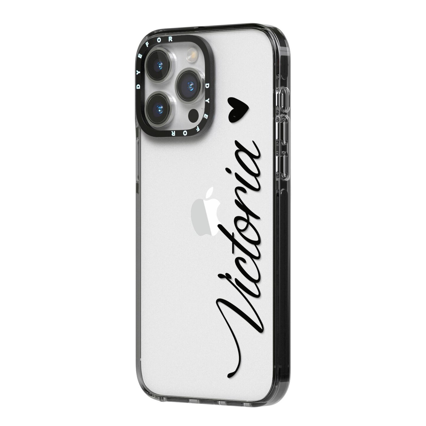 Personalised Black Script Name Heart Clear iPhone 14 Pro Max Black Impact Case Side Angle on Silver phone