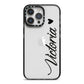 Personalised Black Script Name Heart Clear iPhone 14 Pro Max Black Impact Case on Silver phone
