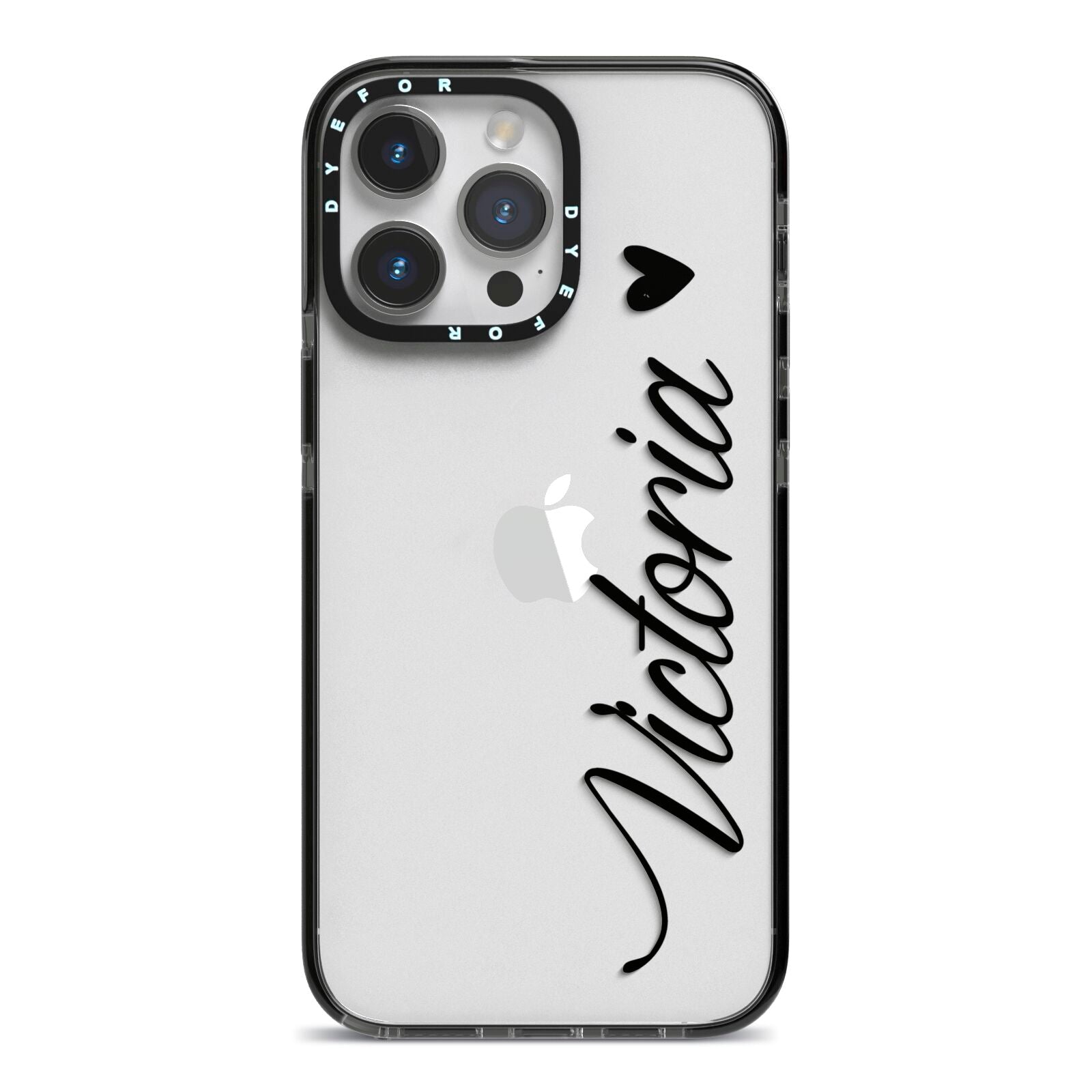 Personalised Black Script Name Heart Clear iPhone 14 Pro Max Black Impact Case on Silver phone