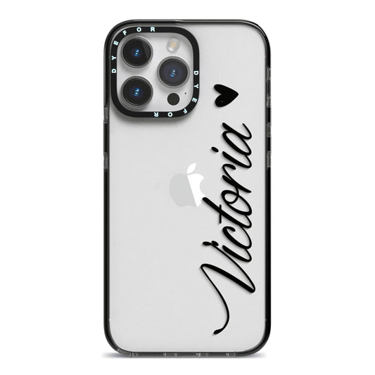 Personalised Black Script Name Heart Clear iPhone 14 Pro Max Black Impact Case on Silver phone