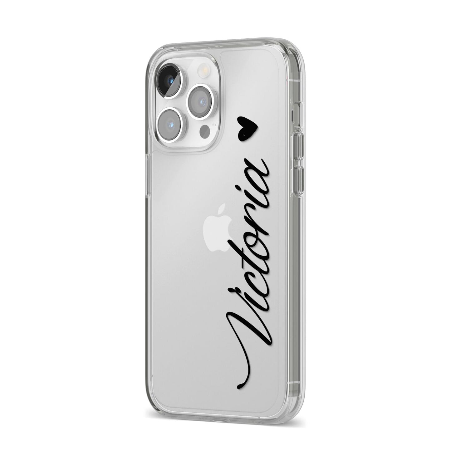 Personalised Black Script Name Heart Clear iPhone 14 Pro Max Clear Tough Case Silver Angled Image