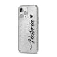 Personalised Black Script Name Heart Clear iPhone 14 Pro Max Glitter Tough Case Silver Angled Image