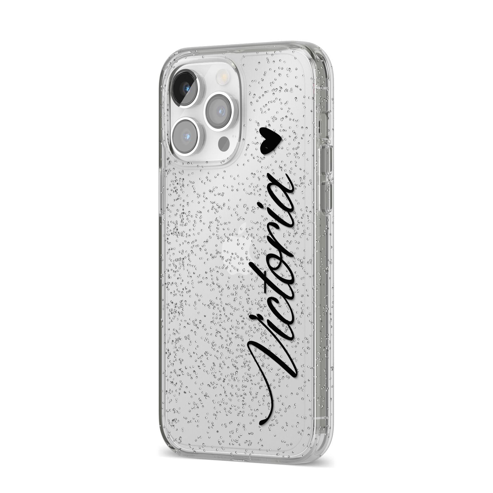 Personalised Black Script Name Heart Clear iPhone 14 Pro Max Glitter Tough Case Silver Angled Image