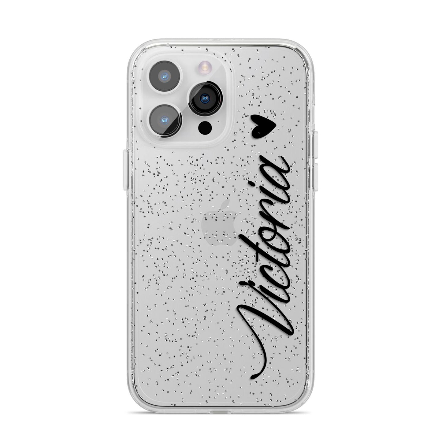 Personalised Black Script Name Heart Clear iPhone 14 Pro Max Glitter Tough Case Silver
