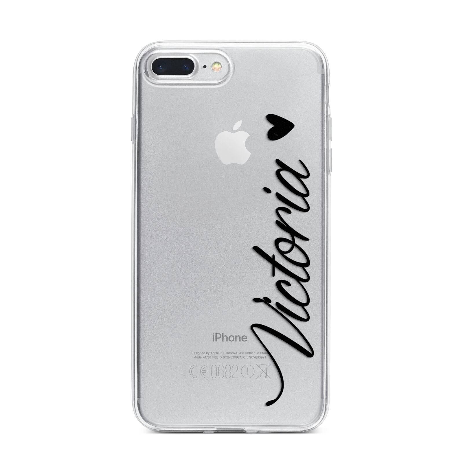 Personalised Black Script Name Heart Clear iPhone 7 Plus Bumper Case on Silver iPhone