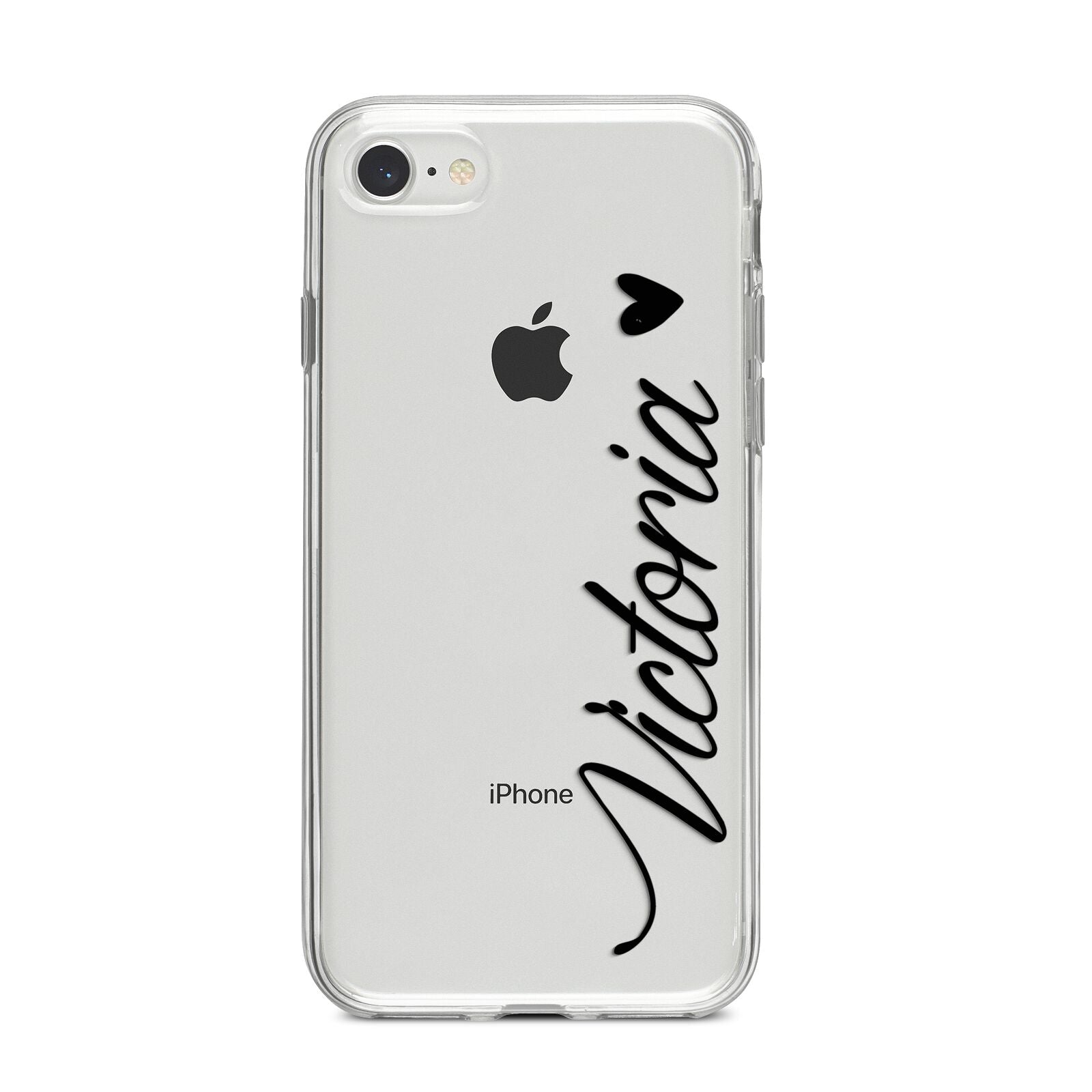 Personalised Black Script Name Heart Clear iPhone 8 Bumper Case on Silver iPhone