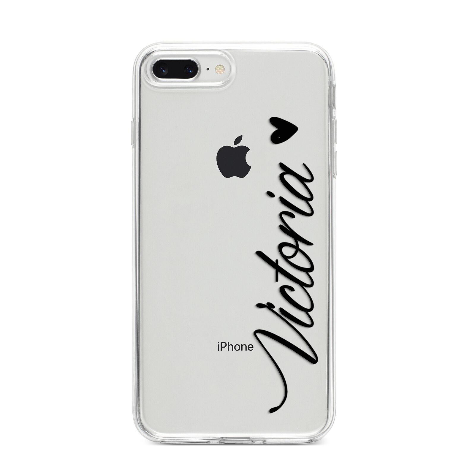 Personalised Black Script Name Heart Clear iPhone 8 Plus Bumper Case on Silver iPhone