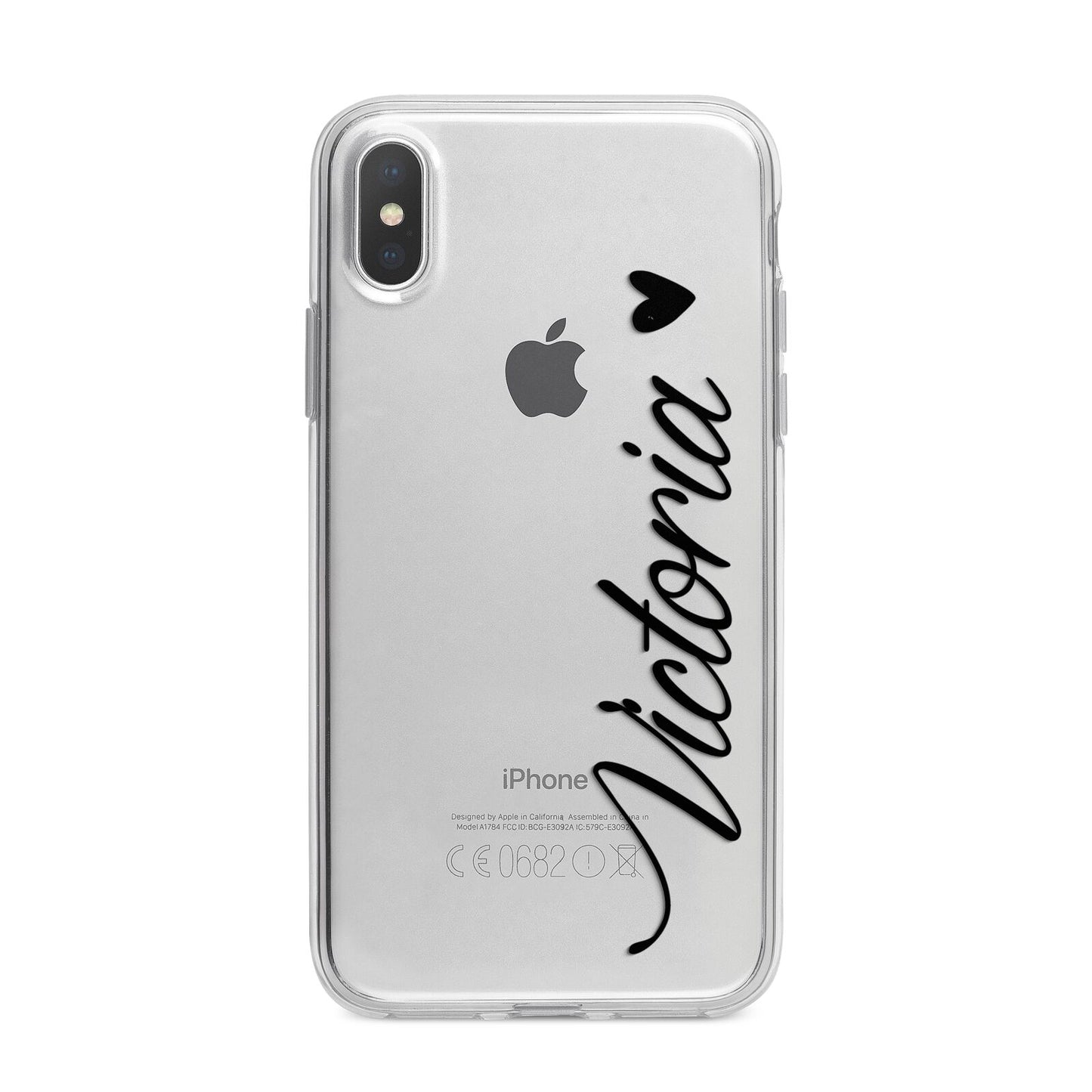 Personalised Black Script Name Heart Clear iPhone X Bumper Case on Silver iPhone Alternative Image 1