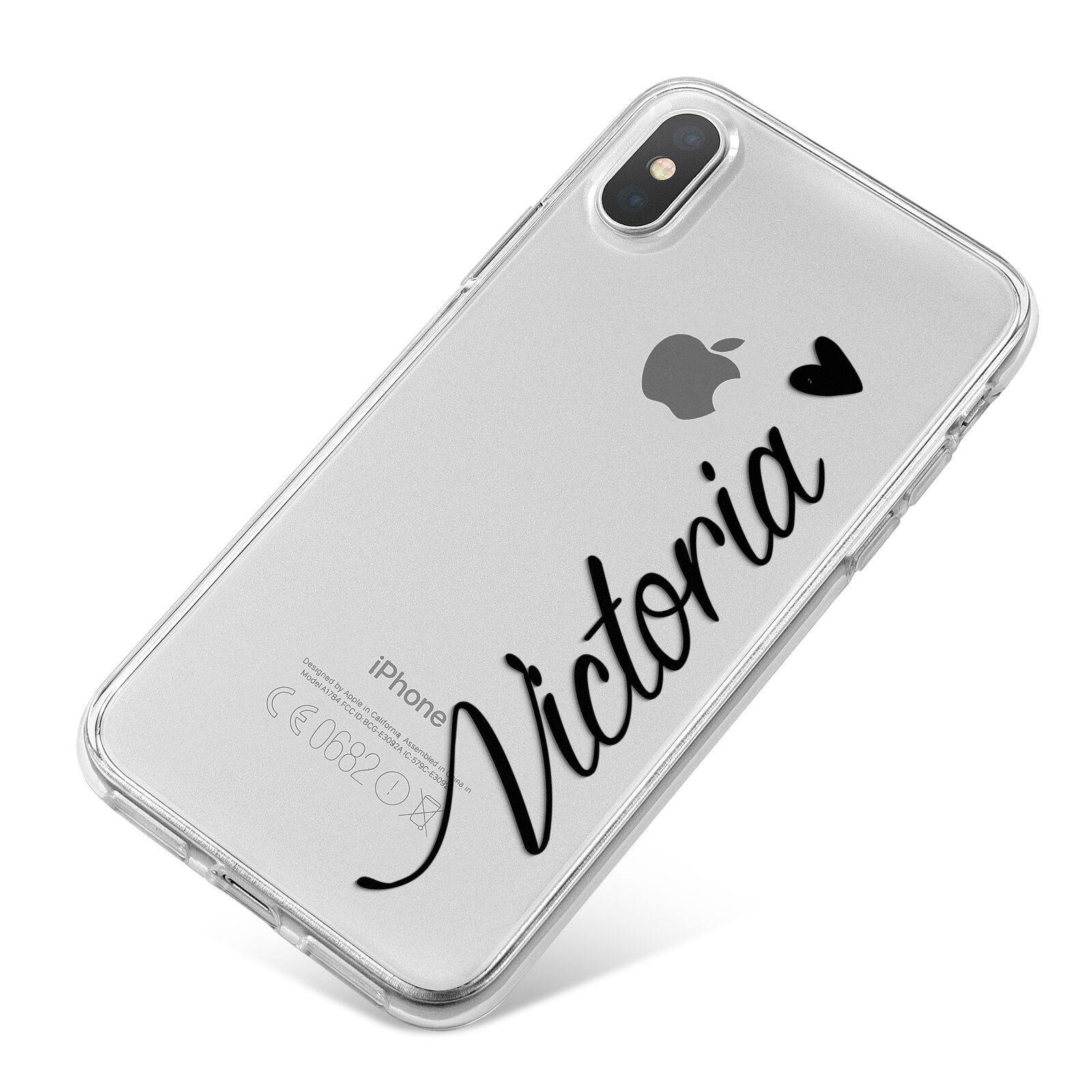 Personalised Black Script Name Heart Clear iPhone X Bumper Case on Silver iPhone
