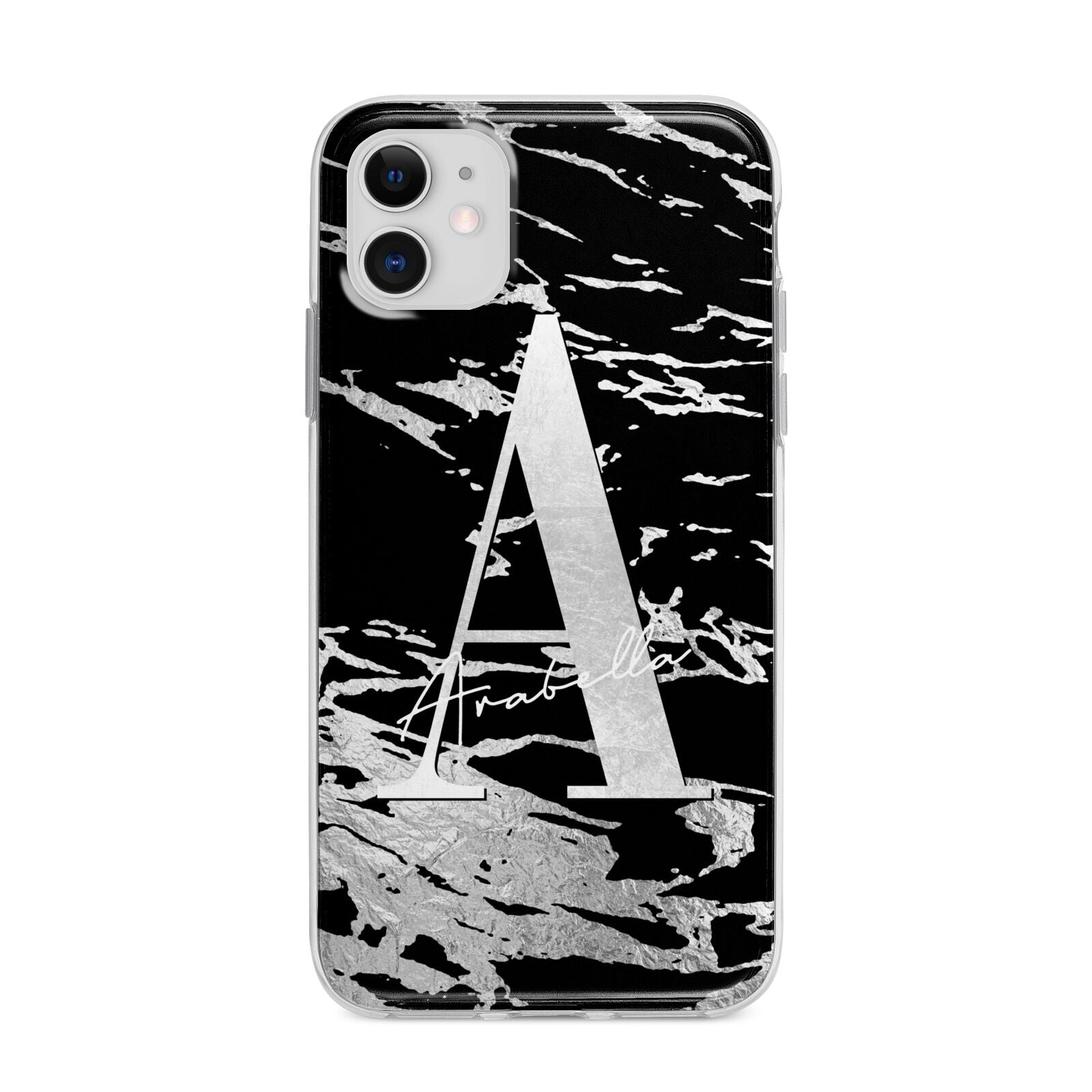Personalised Black Silver Initial Apple iPhone 11 in White with Bumper Case