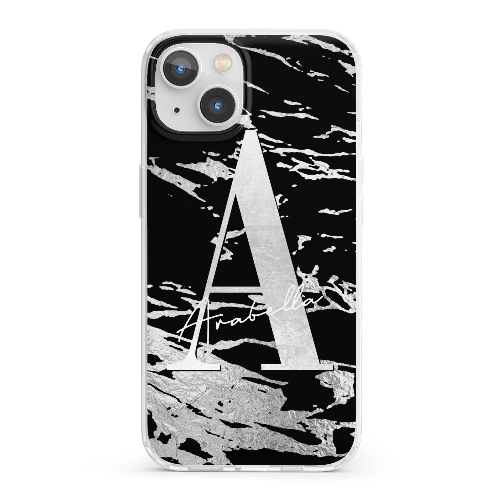 Personalised Black Silver Initial iPhone 13 Clear Bumper Case