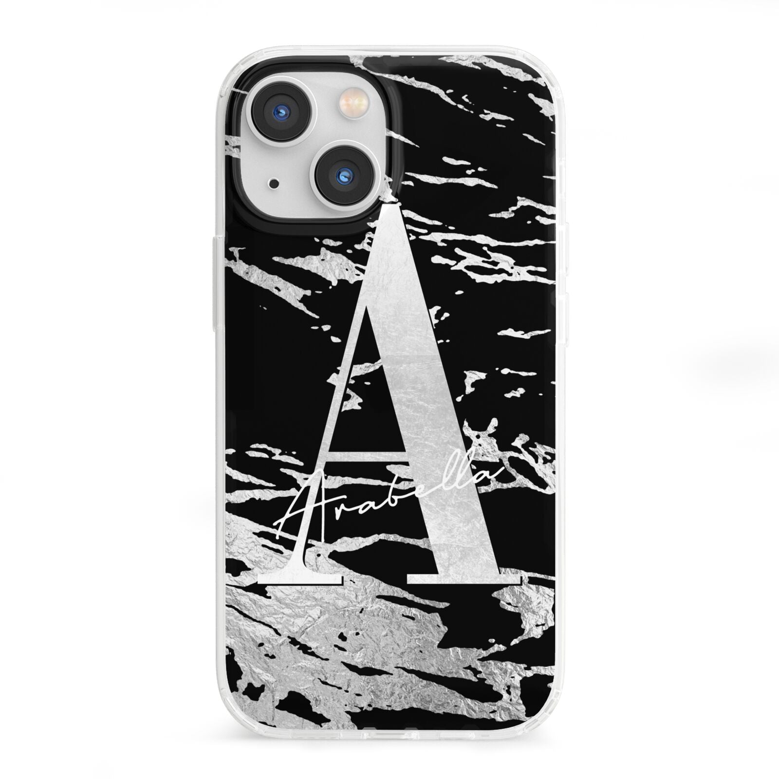 Personalised Black Silver Initial iPhone 13 Mini Clear Bumper Case
