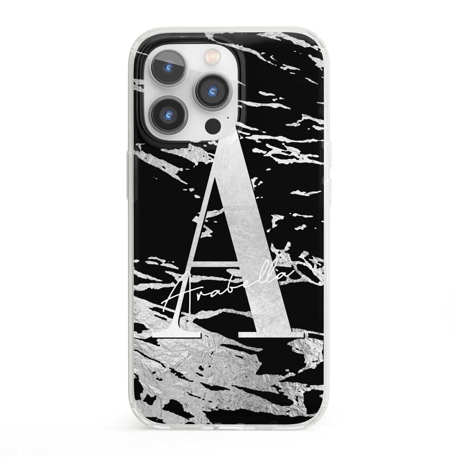 Personalised Black Silver Initial iPhone 13 Pro Clear Bumper Case