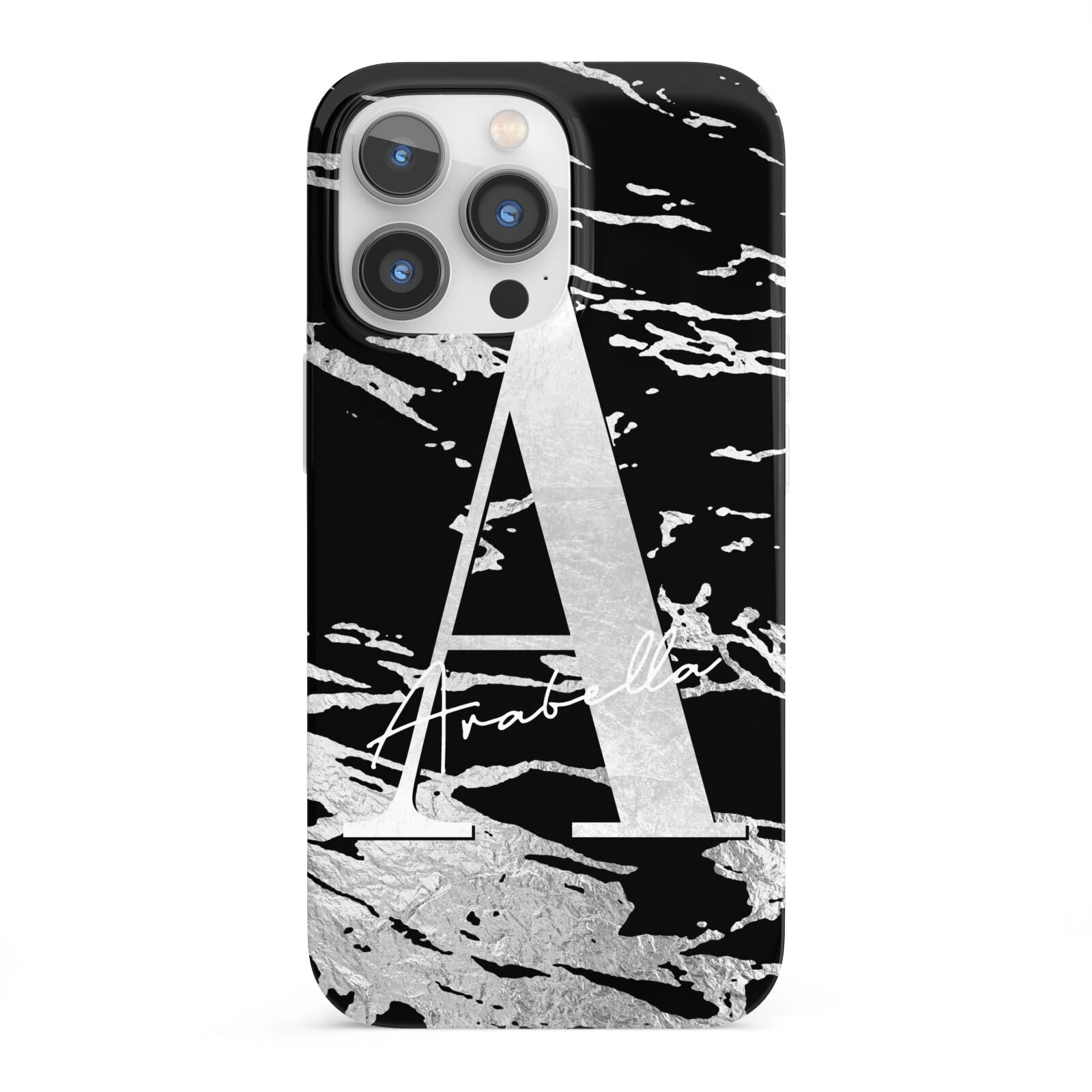 Personalised Black Silver Initial iPhone 13 Pro Full Wrap 3D Snap Case