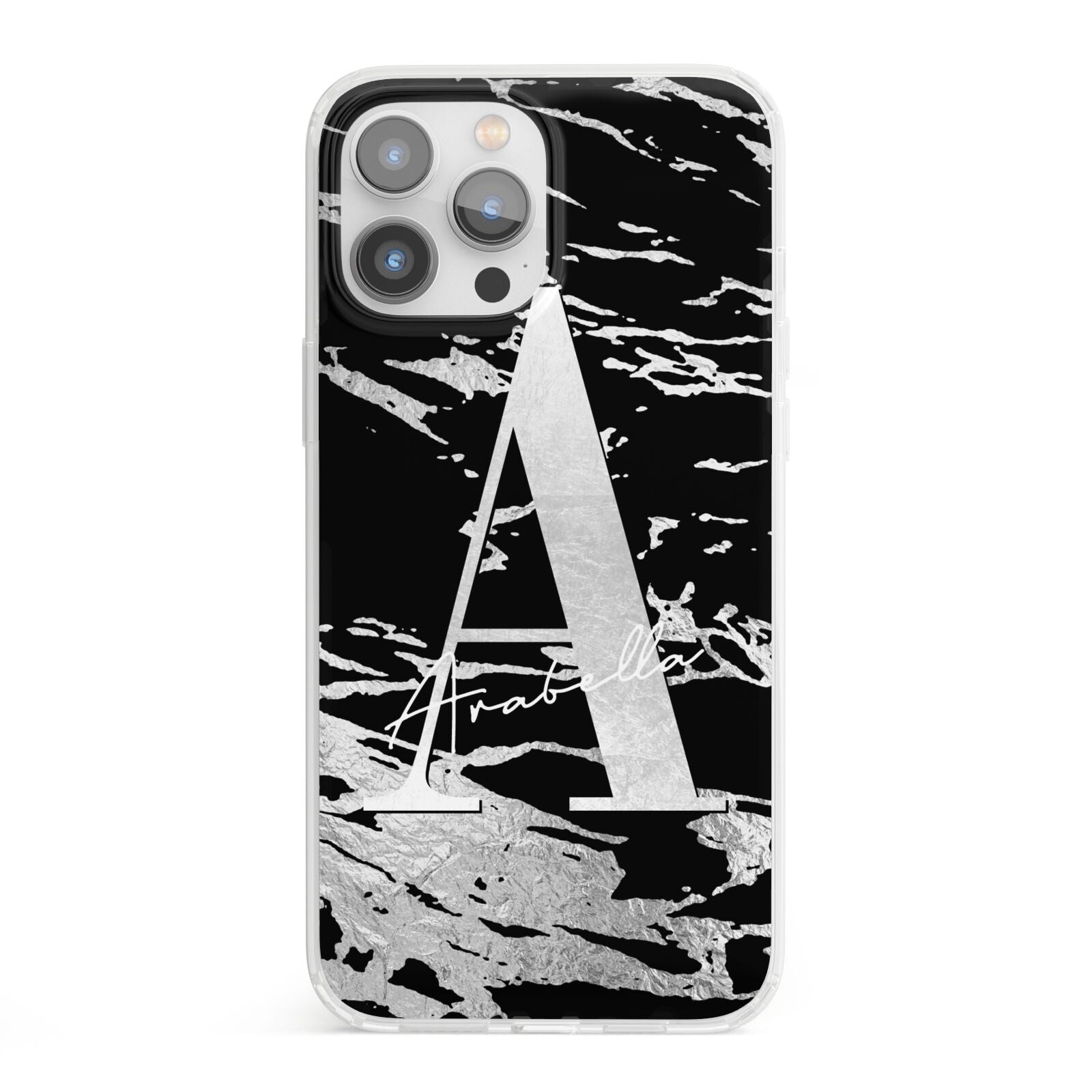 Personalised Black Silver Initial iPhone 13 Pro Max Clear Bumper Case