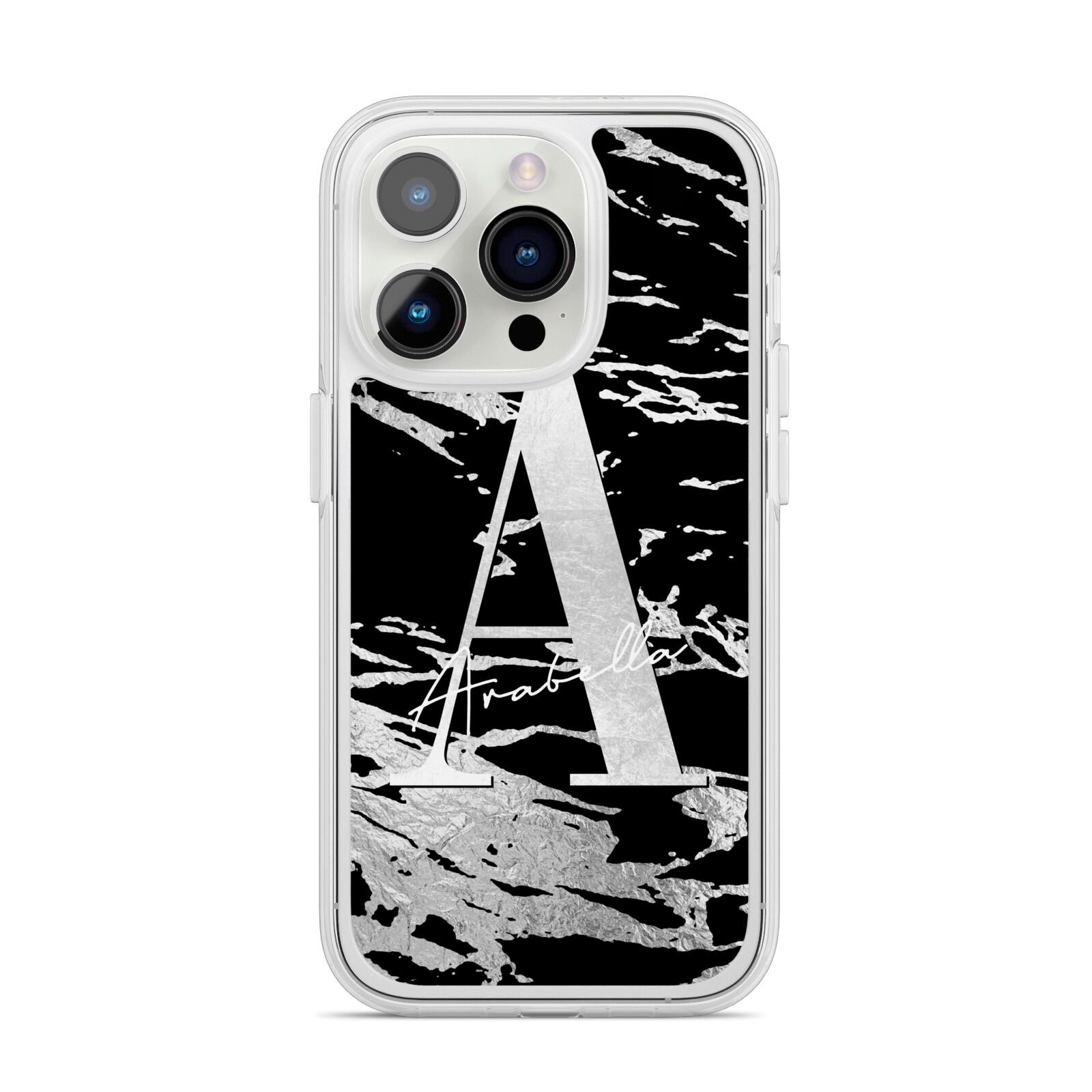 Personalised Black Silver Initial iPhone 14 Pro Clear Tough Case Silver