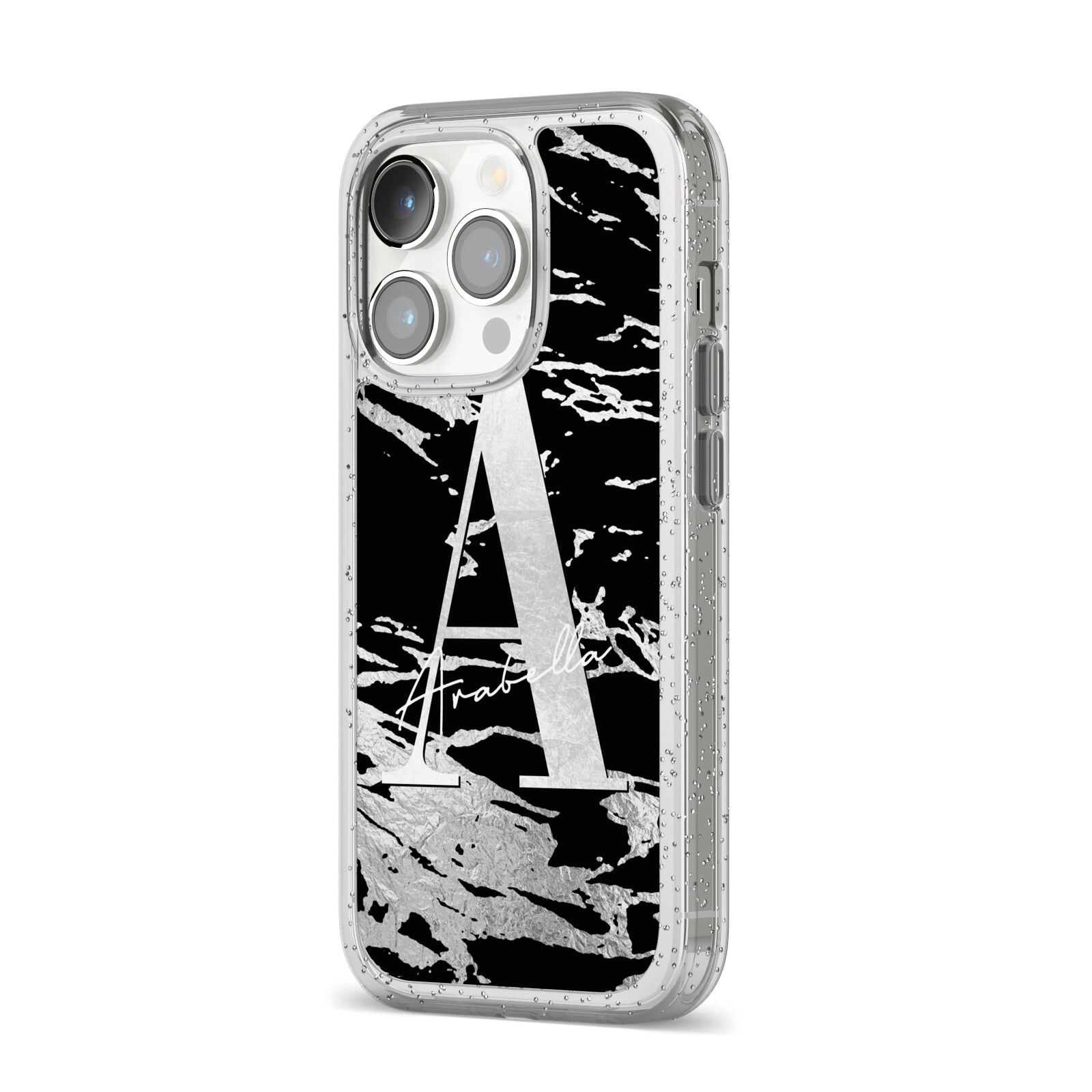 Personalised Black Silver Initial iPhone 14 Pro Glitter Tough Case Silver Angled Image