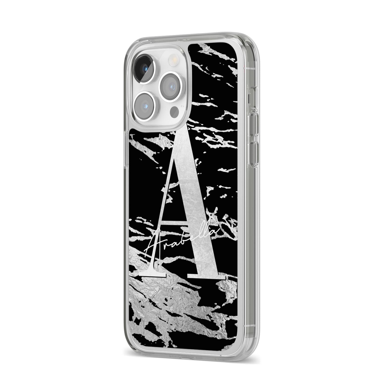 Personalised Black Silver Initial iPhone 14 Pro Max Clear Tough Case Silver Angled Image