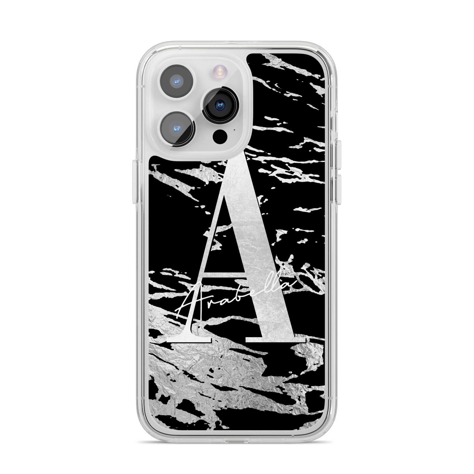 Personalised Black Silver Initial iPhone 14 Pro Max Clear Tough Case Silver