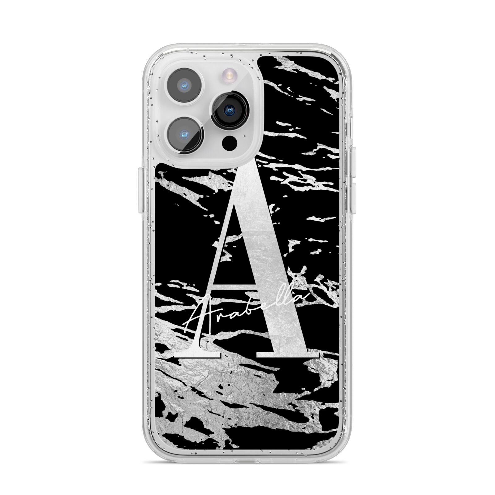 Personalised Black Silver Initial iPhone 14 Pro Max Glitter Tough Case Silver