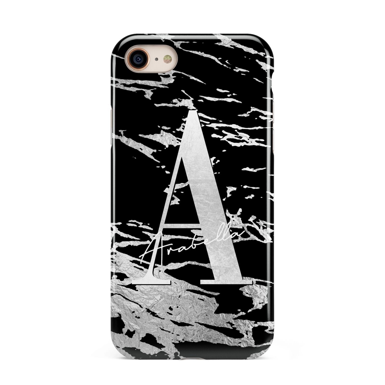 Personalised Black Silver Initial iPhone 8 3D Tough Case on Gold Phone