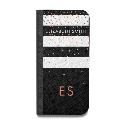 Personalised Black Striped Name Initials Vegan Leather Flip Samsung Case