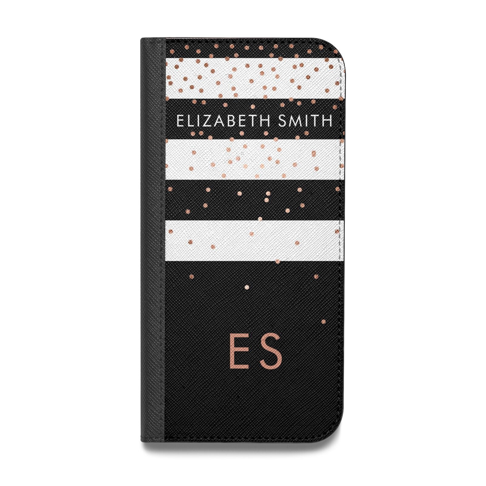 Personalised Black Striped Name Initials Vegan Leather Flip iPhone Case