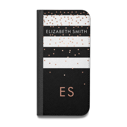 Personalised Black Striped Name Initials Vegan Leather Flip iPhone Case