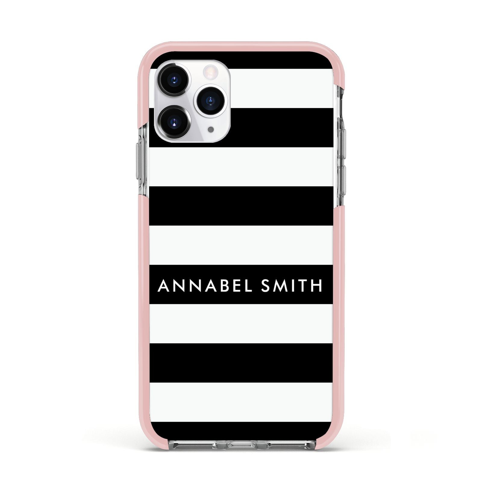 Personalised Black Striped Name or Initials Apple iPhone 11 Pro in Silver with Pink Impact Case