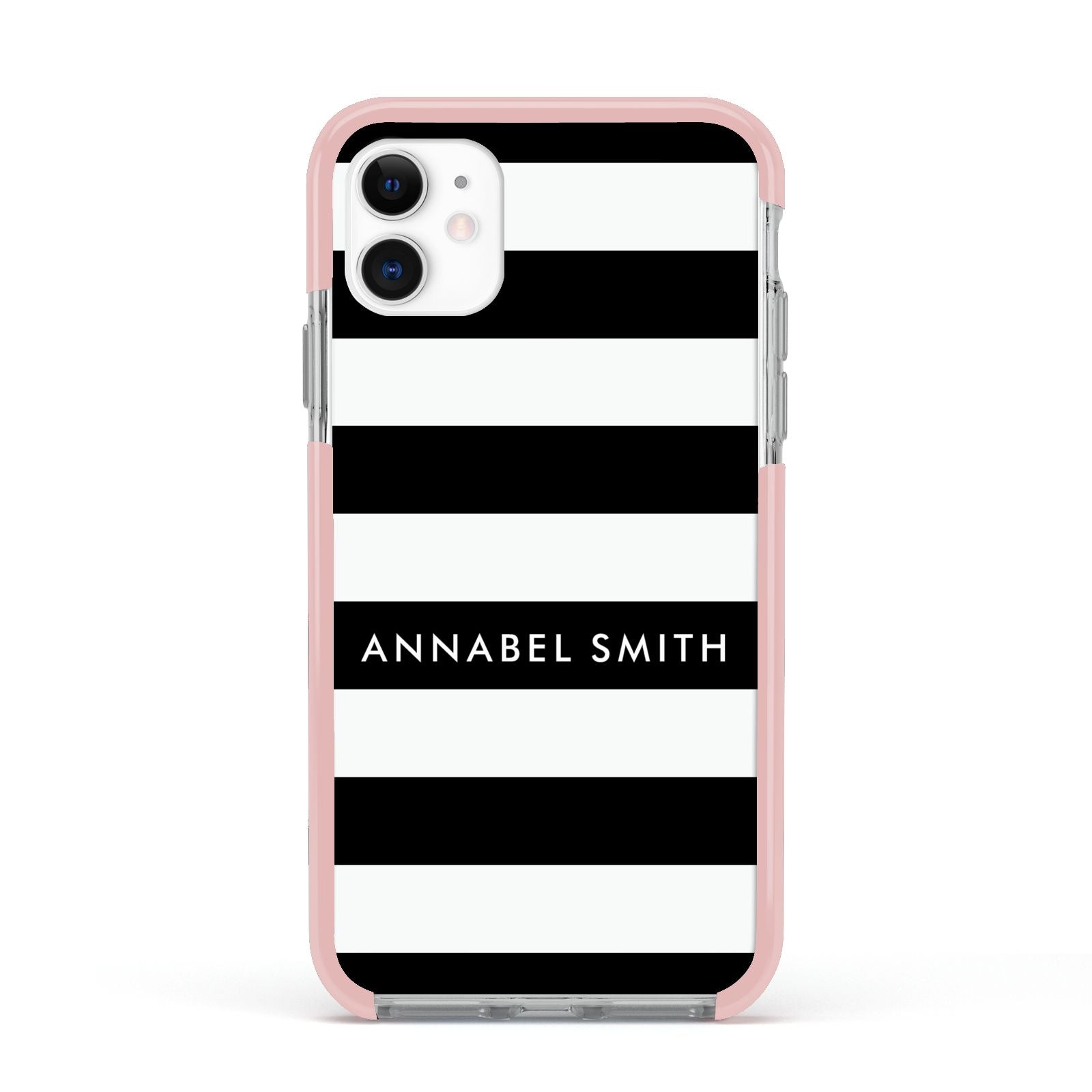 Personalised Black Striped Name or Initials Apple iPhone 11 in White with Pink Impact Case