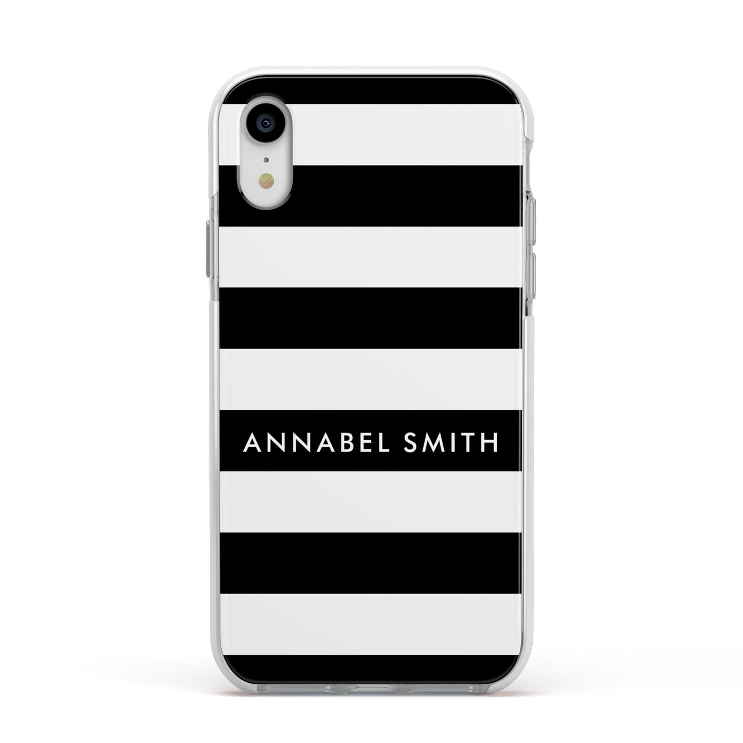 Personalised Black Striped Name or Initials Apple iPhone XR Impact Case White Edge on Silver Phone