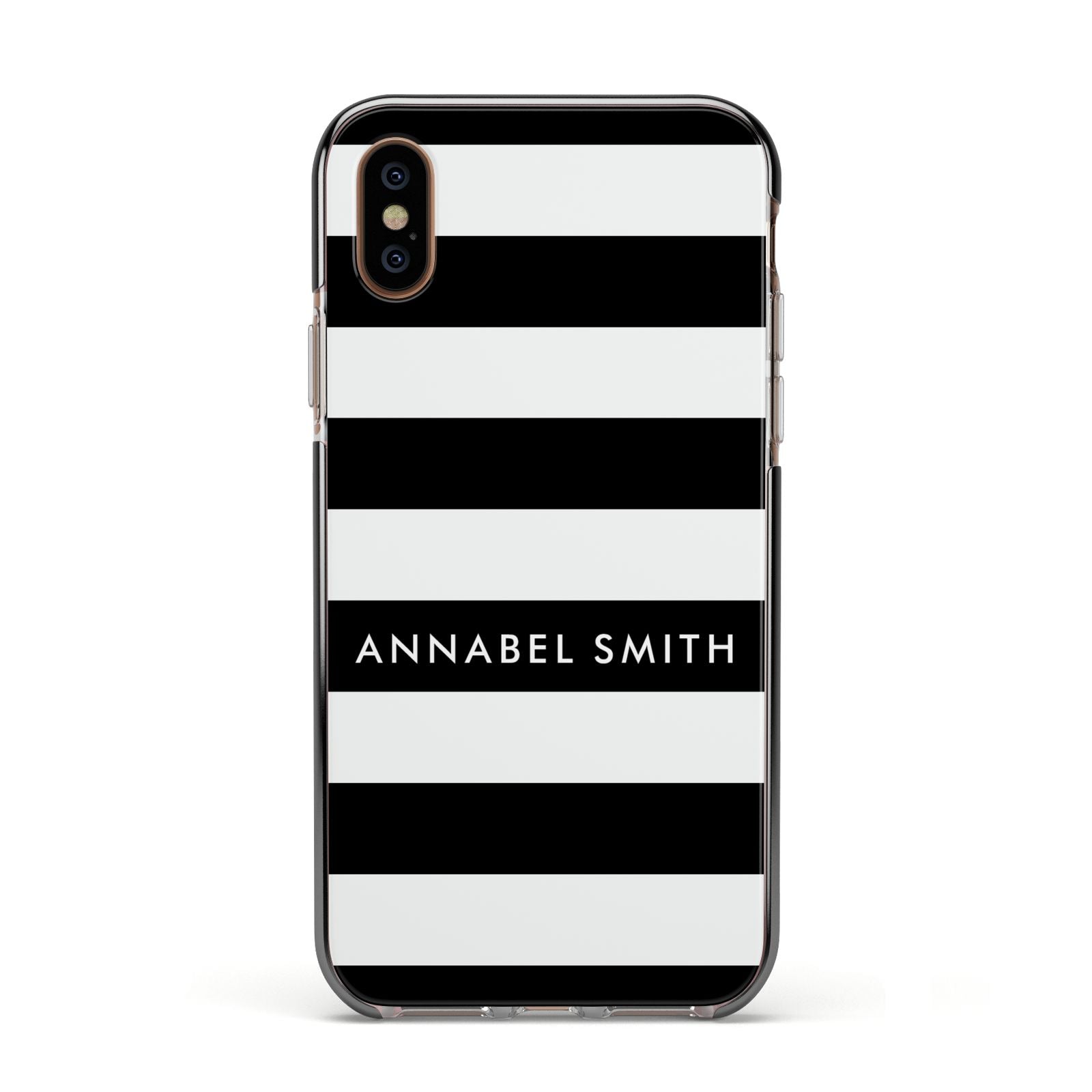 Personalised Black Striped Name or Initials Apple iPhone Xs Impact Case Black Edge on Gold Phone