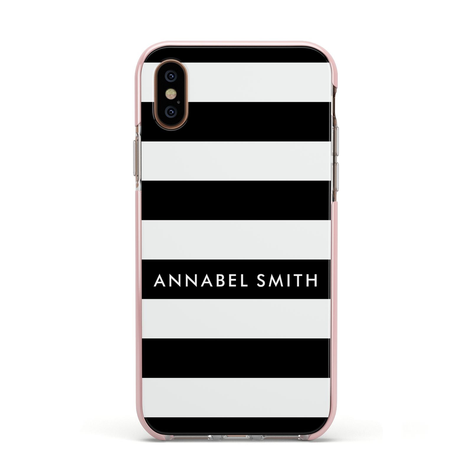 Personalised Black Striped Name or Initials Apple iPhone Xs Impact Case Pink Edge on Gold Phone