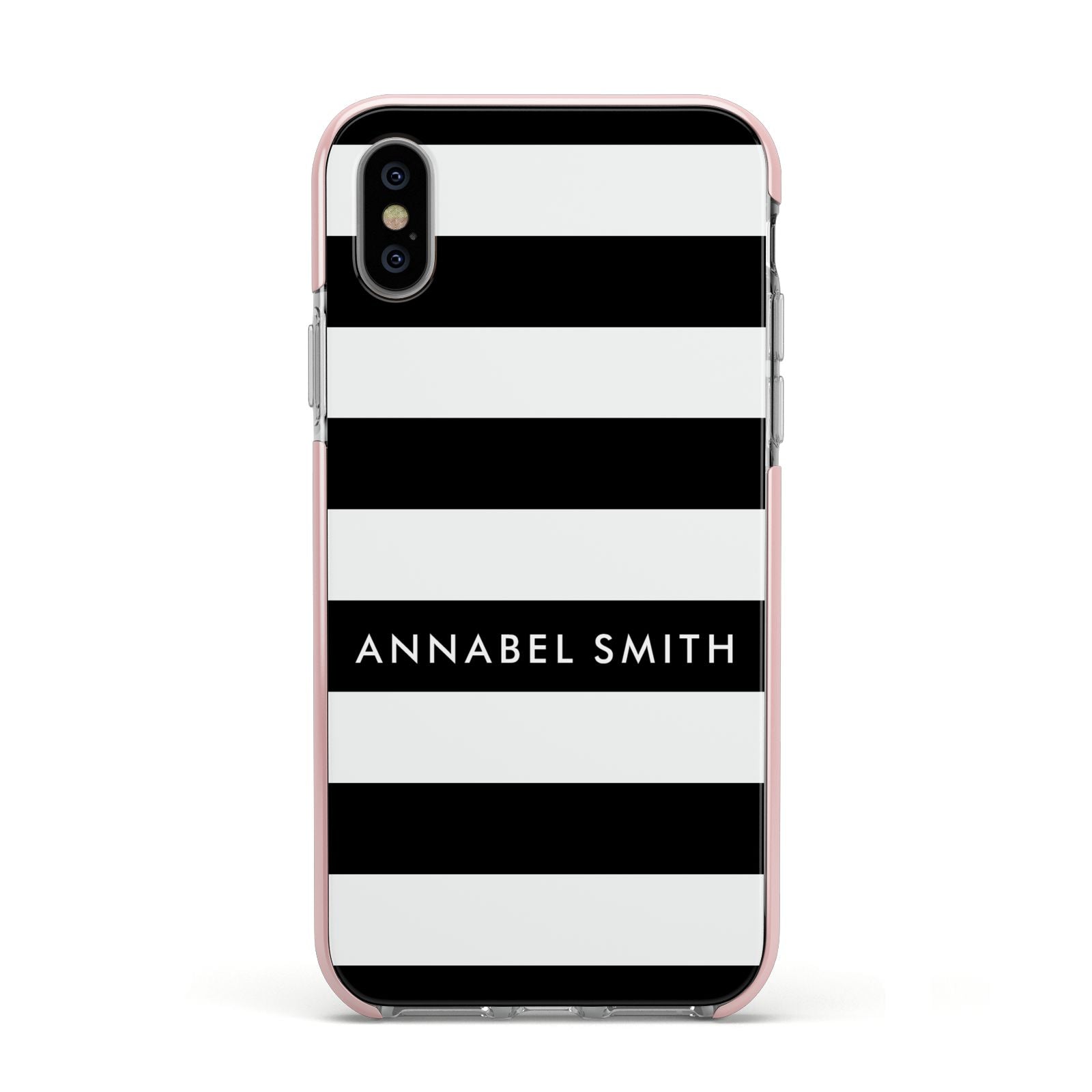 Personalised Black Striped Name or Initials Apple iPhone Xs Impact Case Pink Edge on Silver Phone