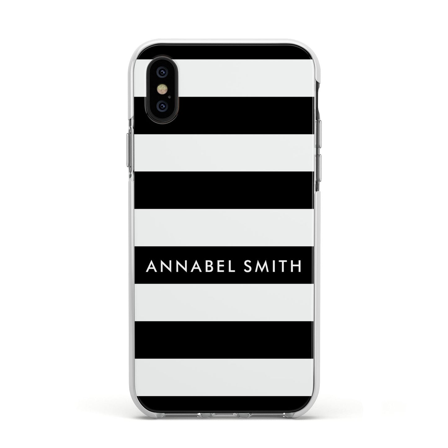 Personalised Black Striped Name or Initials Apple iPhone Xs Impact Case White Edge on Black Phone