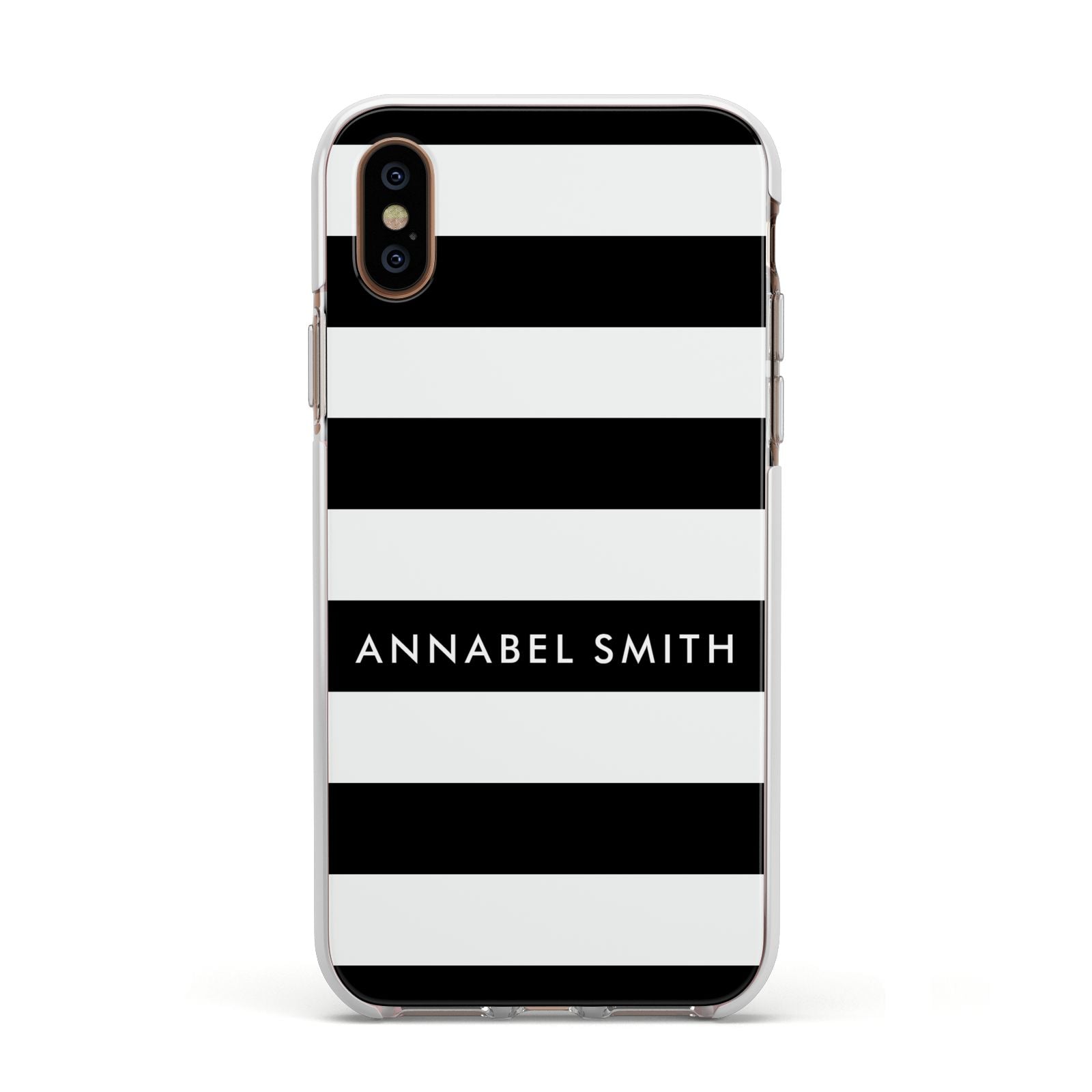 Personalised Black Striped Name or Initials Apple iPhone Xs Impact Case White Edge on Gold Phone