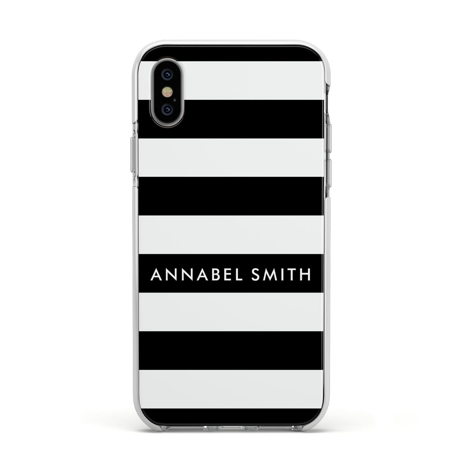 Personalised Black Striped Name or Initials Apple iPhone Xs Impact Case White Edge on Silver Phone