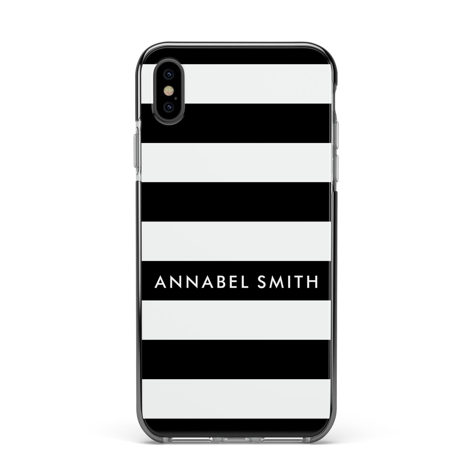 Personalised Black Striped Name or Initials Apple iPhone Xs Max Impact Case Black Edge on Black Phone